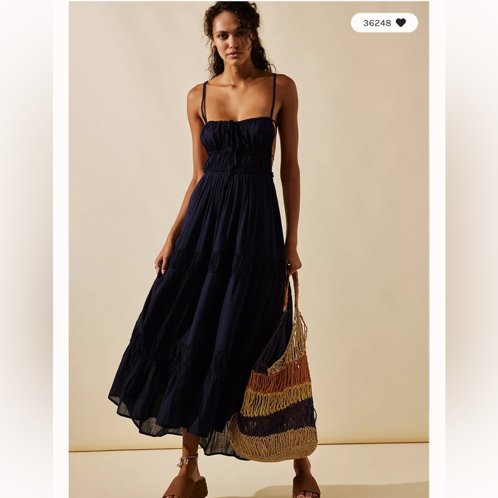 Free People Taking Sides Open Tie Back Maxi Dress in Navy Blazer